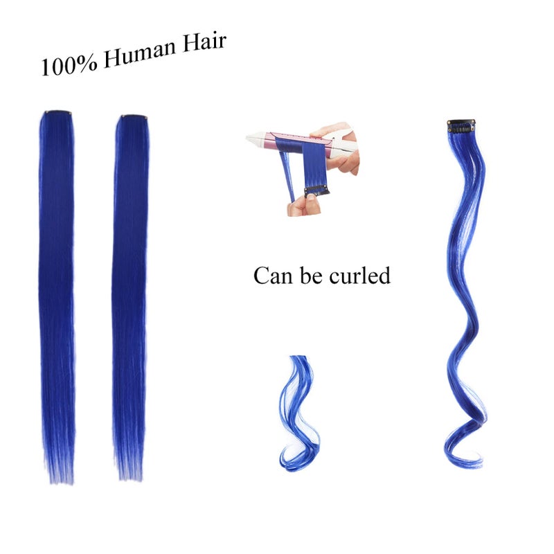 Funyn 18 Inch High light Clip in Human Hair Extensions 100% Straight Clip on Party Highlights Colored Hair Extensions 6 Pieces/set (Blue) - Image 3